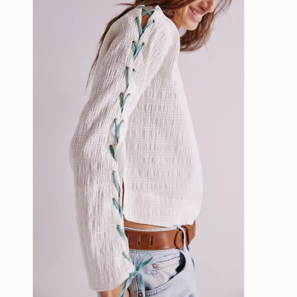 NWT Free People Laced-Up Tee in Optic White Combo - Picture 3 of 3